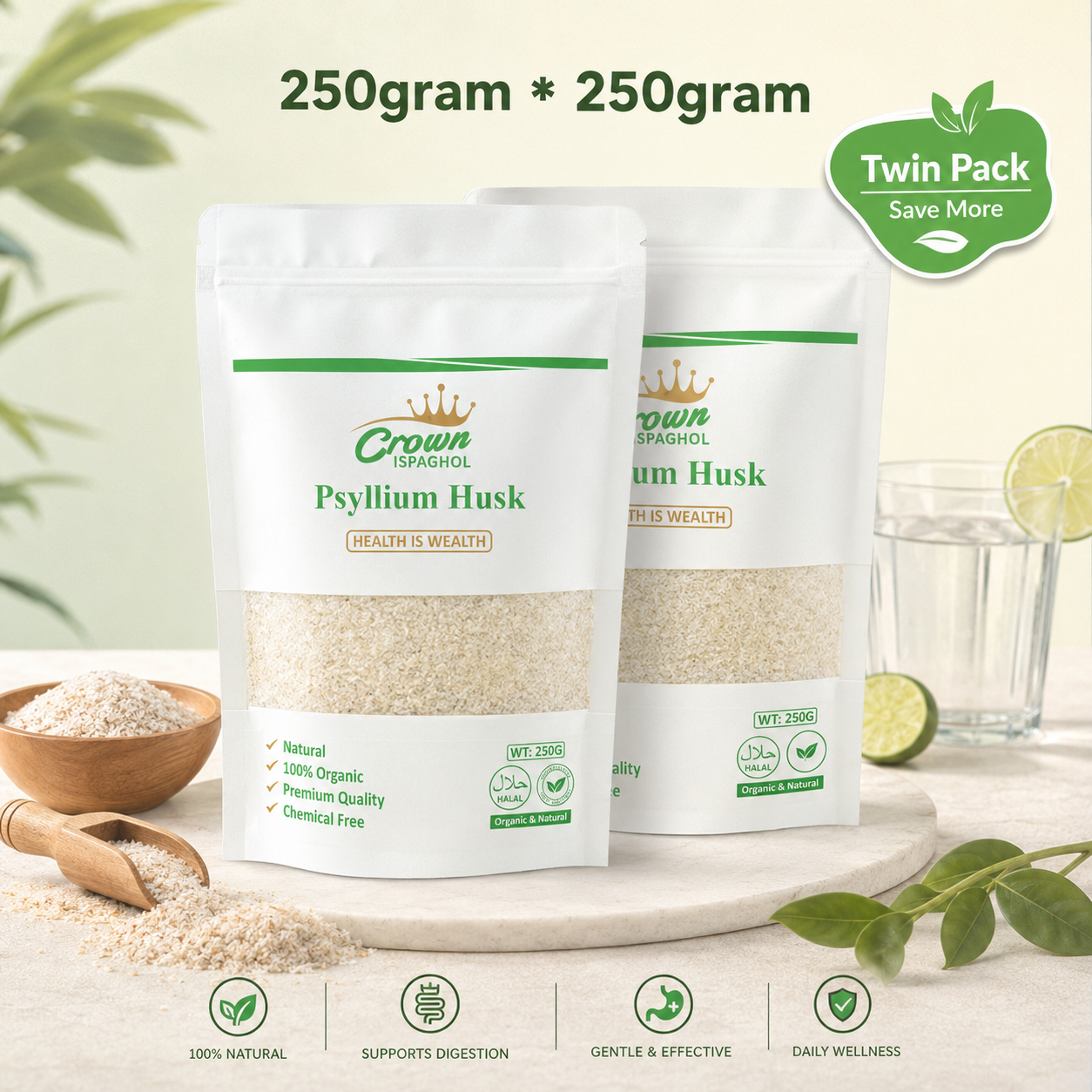 Crown Ispaghol Psyllium Husk – Twin Pack (250g + 250g) | 100% Natural