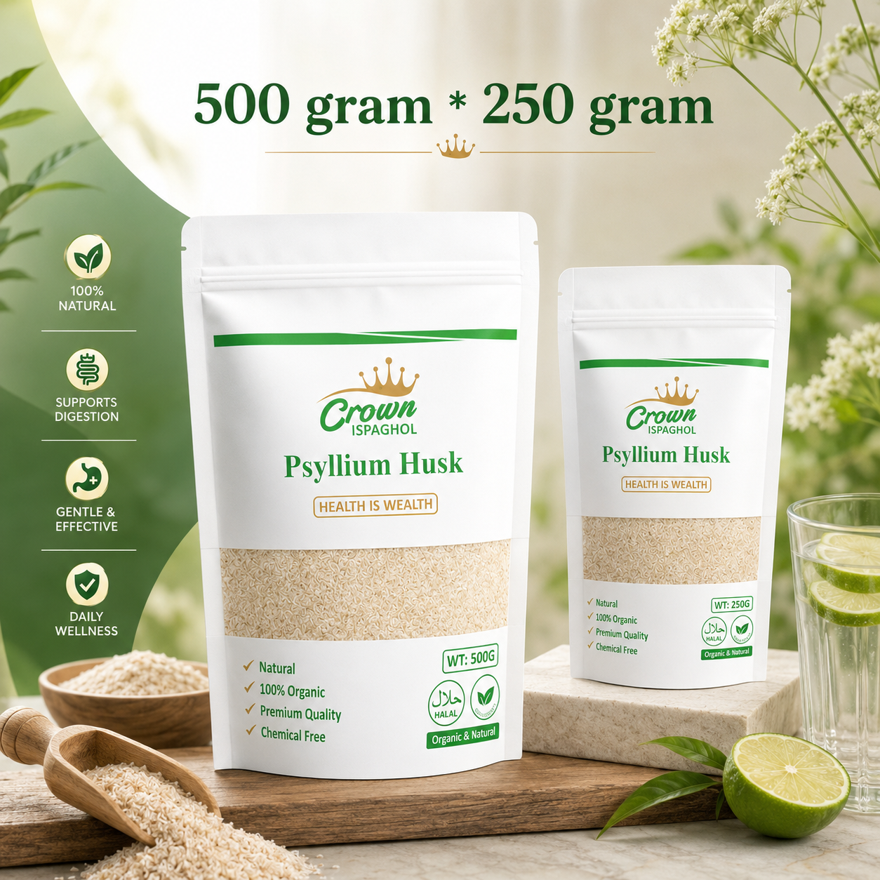 Crown Ispaghol Psyllium Husk – Daily Wellness Duo (500g + 250g) | 100% Organic