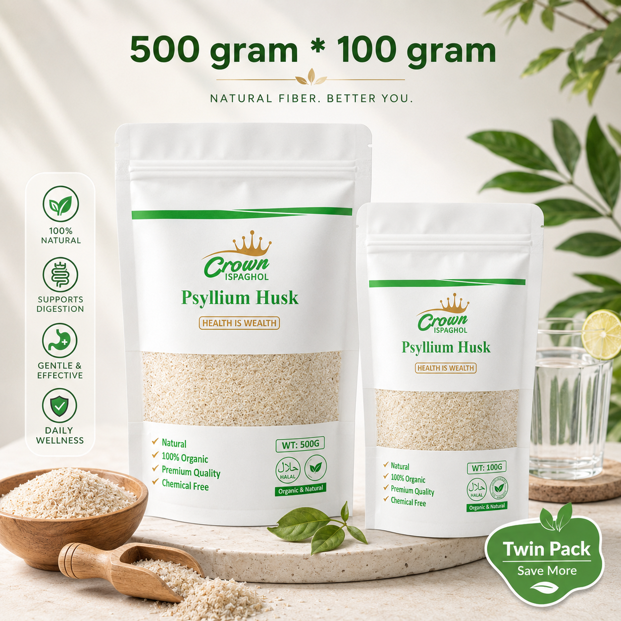 Crown Ispaghol Psyllium Husk – Smart Saver Twin Pack (500g + 100g)