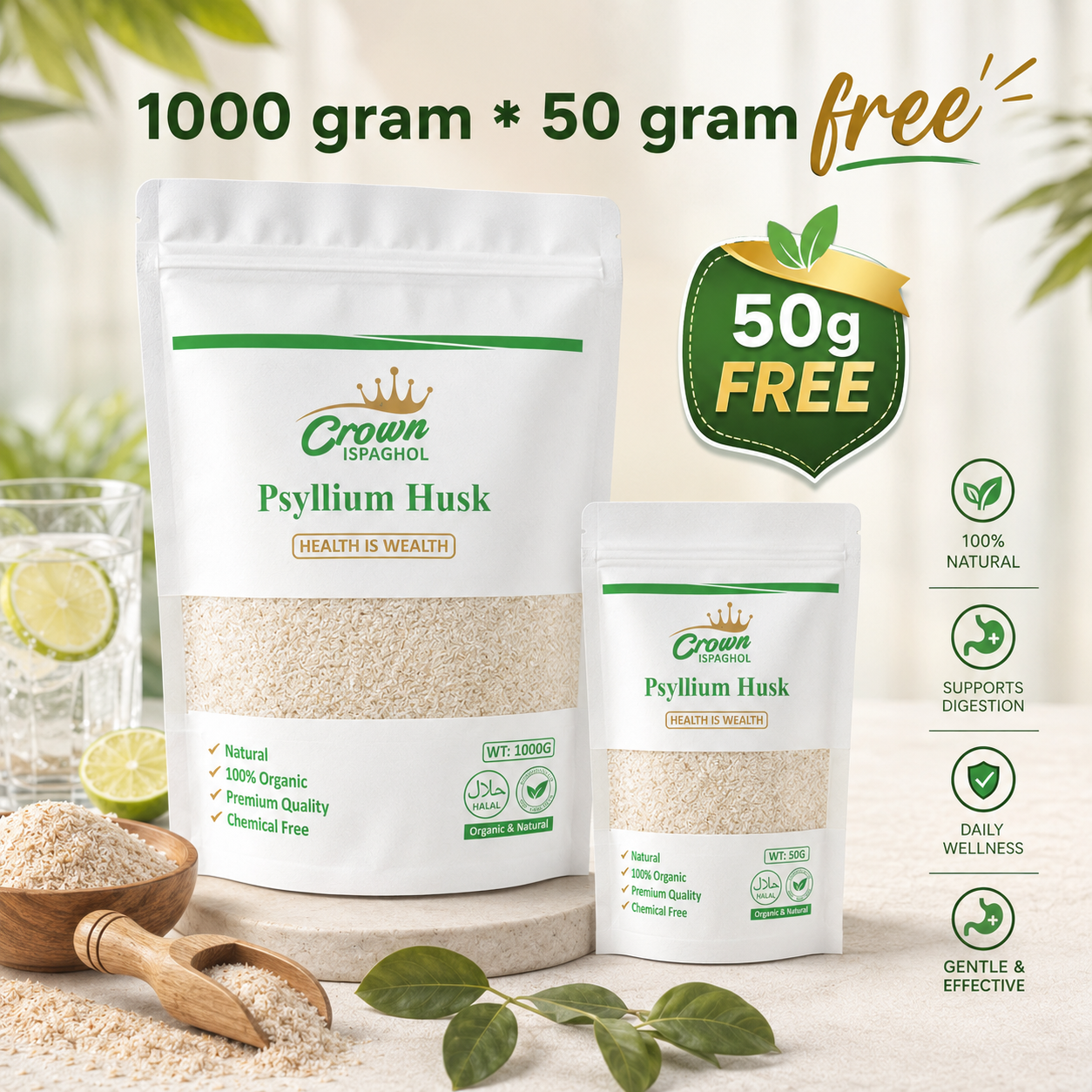 Crown Ispaghol Psyllium Husk – 1KG Family Pack + 50g FREE | 100% Organic